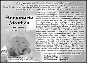 Traueranzeige von Annemarie Matthes von Südthüringer Presse