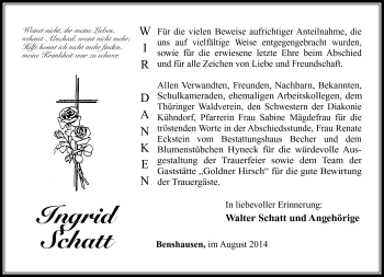 Traueranzeige von Ingrid Schatt von Südthüringer Presse