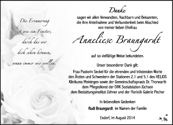 Traueranzeige von Anneliese Braungardt von Südthüringer Presse