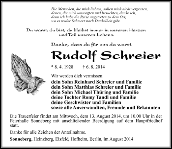 Traueranzeige von Rudolf Schreier von Südthüringer Presse