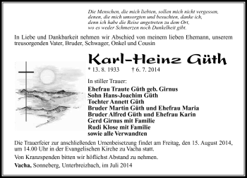 Traueranzeige von Karl-Heinz Güth von Südthüringer Presse