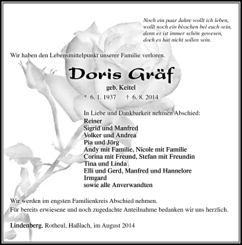 Traueranzeige von Doris Gräf von Südthüringer Presse