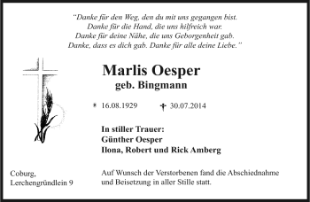 Traueranzeige von Marlis Oesper von Neue Presse Coburg