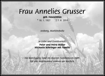 Traueranzeige von Annelies Grusser von Frankenpost