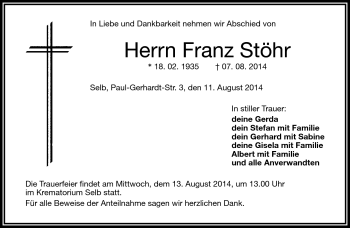 Traueranzeige von Franz Stöhr von Frankenpost
