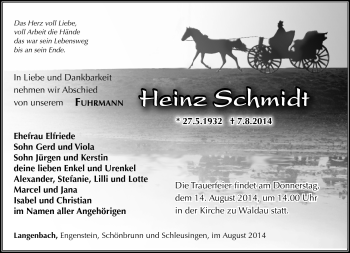 Traueranzeige von Heinz Schmidt von Südthüringer Presse