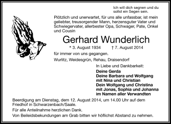 Traueranzeige von Gerhard Wunderlich von Frankenpost