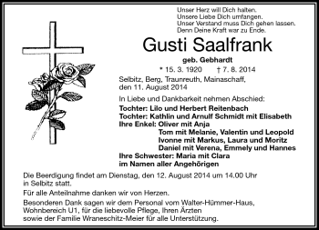 Traueranzeige von Gusti Saalfrank von Frankenpost