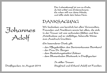 Traueranzeige von Johannes Adolf von Südthüringer Presse