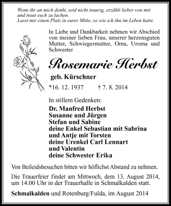Traueranzeige von Rosemarie Herbst von Südthüringer Presse