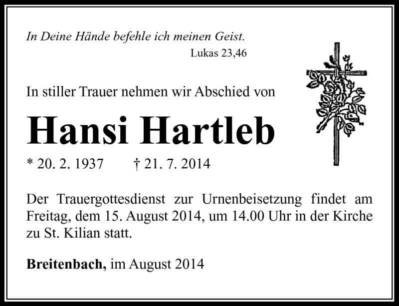  Traueranzeige für Hansi Hartleb vom 12.08.2014 aus Südthüringer Presse