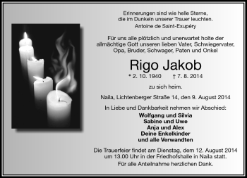 Traueranzeige von Rigo Jakob von Frankenpost