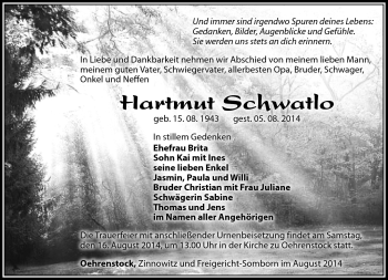 Traueranzeige von Hartmut Schwatlo von Südthüringer Presse