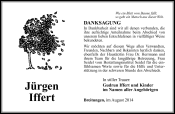 Traueranzeige von Jürgen IFFERT von Südthüringer Presse