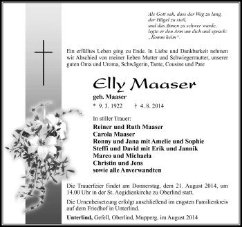 Traueranzeige von Elly Maaser von Südthüringer Presse