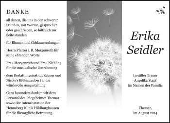 Traueranzeige von Erika Seidler von Südthüringer Presse
