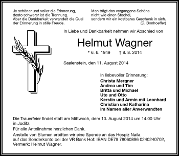 Traueranzeige von Helmut Wagner von Frankenpost