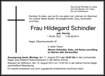 Traueranzeige von Hildegard Schindler von Frankenpost