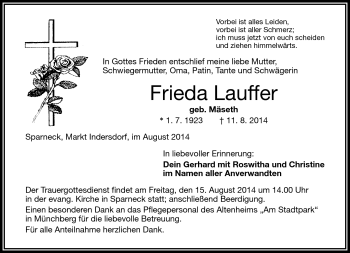 Traueranzeige von Frieda Lauffer von Frankenpost
