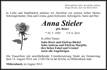 Traueranzeige von Anna Stieler von Südthüringer Presse