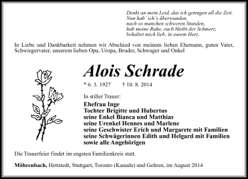 Traueranzeige von Alois Schrade von Südthüringer Presse