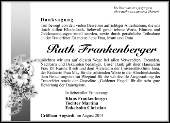 Traueranzeige von Ruth Frankenberger von Südthüringer Presse