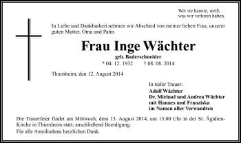 Traueranzeige von Inge Wächter von Frankenpost
