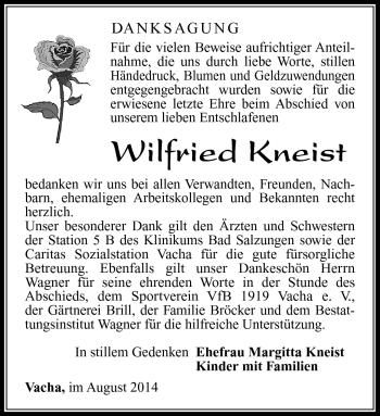 Traueranzeige von Wilfried Kneist von Südthüringer Presse