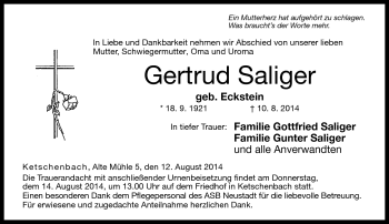 Traueranzeige von Gertrud Saliger von Neue Presse Coburg