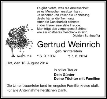 Traueranzeige von Gertrud Weinrich von Frankenpost