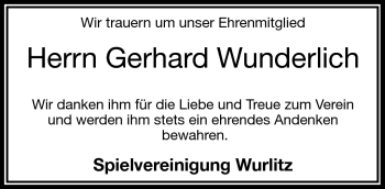 Traueranzeige von Gerhard Wunderlich von Frankenpost
