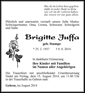 Traueranzeige von Brigitte Juffa von Südthüringer Presse