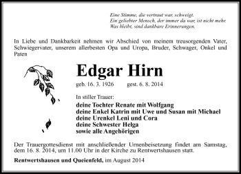 Traueranzeige von Edgar Hirn von Südthüringer Presse