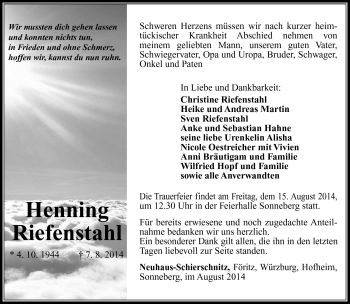 Traueranzeige von Henning Riefenstahl von Südthüringer Presse