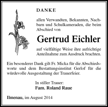 Traueranzeige von Getrud Eichler von Südthüringer Presse