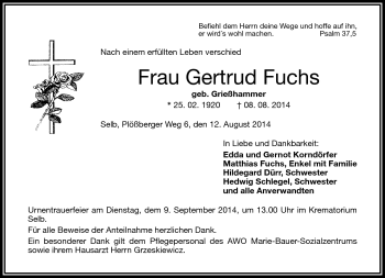 Traueranzeige von Gertrud Fuchs von Frankenpost