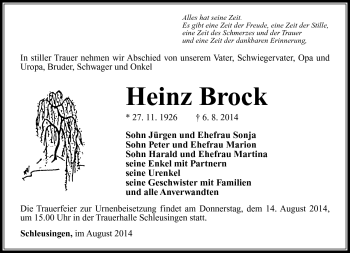 Traueranzeige von Heinz Brock von Südthüringer Presse