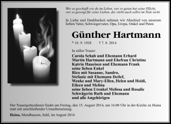 Traueranzeige von Günther Hartmann von Südthüringer Presse