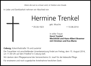 Traueranzeige von hermine Trenkel von Neue Presse Coburg