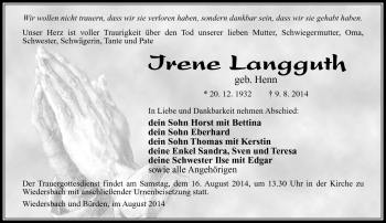 Traueranzeige von Irene Langguth von Südthüringer Presse