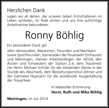 Traueranzeige von Ronny Böhlig von Südthüringer Presse