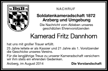 Traueranzeige von Fritz Dannhorn von Frankenpost