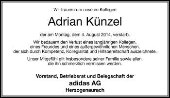 Traueranzeige von Adrian Künzel von Frankenpost