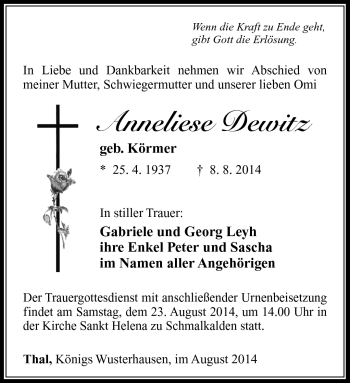 Traueranzeige von Anneliese Dewitz von Südthüringer Presse