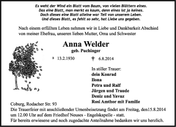 Traueranzeige von Anna Welder von Neue Presse Coburg