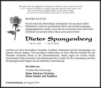 Traueranzeige von Dieter Spangenberg von Südthüringer Presse