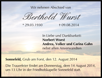 Traueranzeige von Berthold Wurst von Neue Presse Coburg