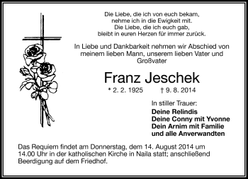 Traueranzeige von Franz Jeschek von Frankenpost