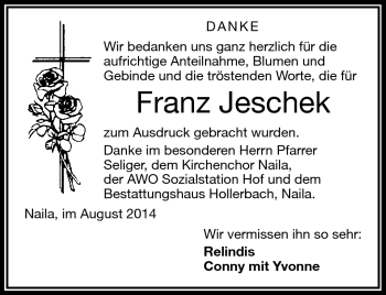 Traueranzeige von Franz Jeschek von Frankenpost
