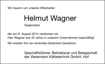 Traueranzeige von Helmut Wagner von Frankenpost